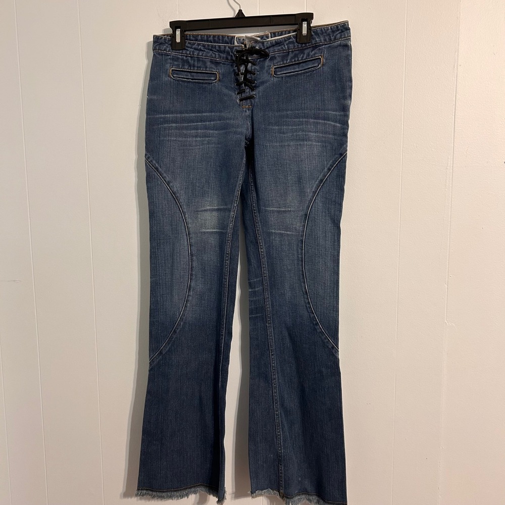 Hippie Lace‎ Up Front Flare Jeans Blue Denim Frayed Hem Size 28 Style 108-13